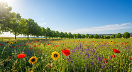 Vibrant wildflower meadow beneath blue sky on sunny dayの写真素材