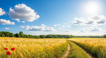 Golden wheat field with a path under bright sunlight