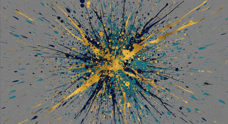 Explosion of gold, teal, and navy paint splatters artwork