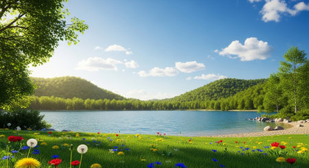 Scenic lake view with meadows and lush green hillsの写真素材