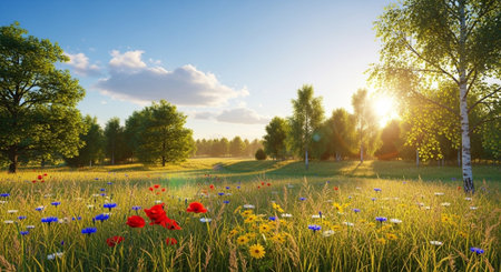 Scenic meadow with colorful wildflowers and vibrant sunlightの写真素材
