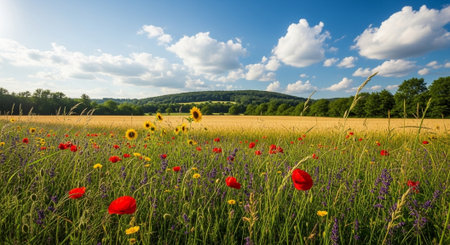 Vibrant wildflower meadow with sunflowers, poppies and rolling hills