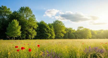 Sunlit Meadow with Wildflowers and Trees in Springtimeの写真素材