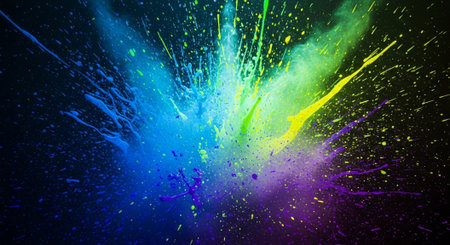 Colorful paint explosion with dynamic splashes on dark background