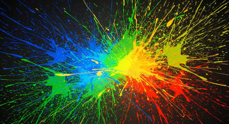 Vibrant rainbow paint splatter explosion on black canvas background