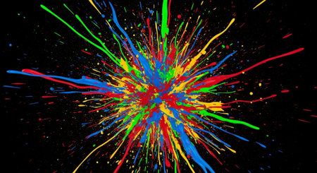 Vibrant colorful paint explosion against stark black background image