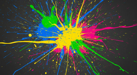 Colorful paint splash art on dark textured background