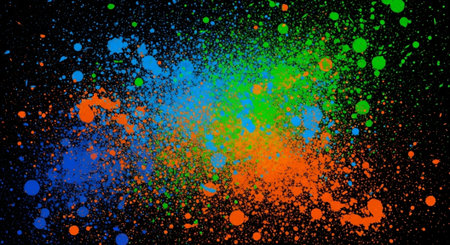 Colorful paint splatter background with blue, green, and orange