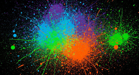 Vibrant splattered neon paint explosions on a black background