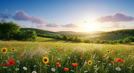 Scenic landscape with colorful wildflowers at sunset in summer