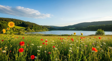 Scenic meadow with wildflowers overlooking lake and forest backdropの写真素材