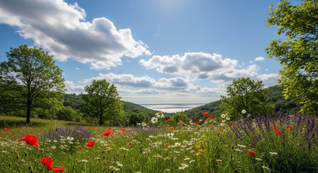 Scenic meadow of wildflowers under a blue sky summer