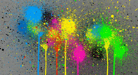 Abstract colorful paint splatters and drips on gray background