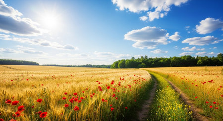 Scenic wheat field with poppies under a bright blue sky