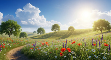 Picturesque wildflower meadow with trail under a sunny skyの写真素材