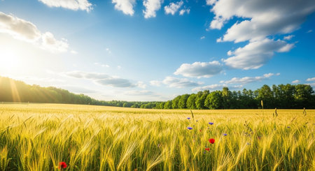 Golden wheat field under blue sky with clouds