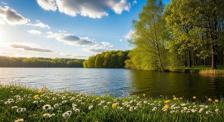 Scenic lakeside view with wildflowers and forest backdropの写真素材