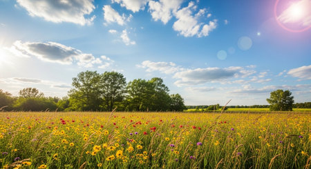 Summer Meadow: Vibrant wildflowers, blue sky, sunny day landscape