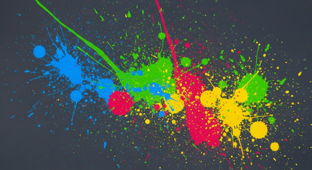 Dynamic vibrant paint splatters and drips on dark backgroundの写真素材