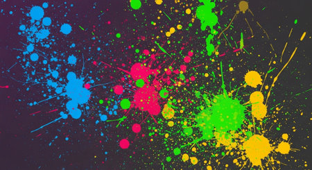 Vibrant paint splatters on dark background creates abstract art
