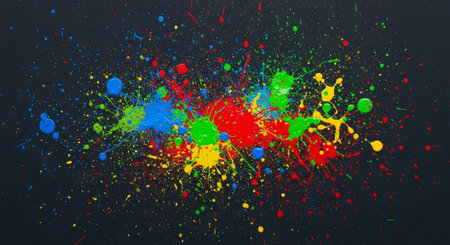 Abstract vibrant paint splashes against dark background creating dynamismの写真素材