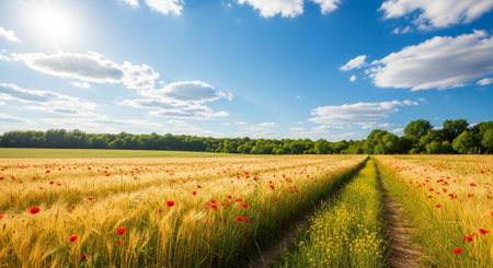 Golden wheat field with poppies under a summer sky