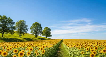 Vibrant sunflower field under blue sky with green trees