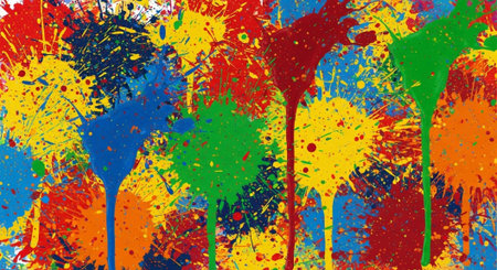 Vibrant explosion of colorful paint splatters on white background