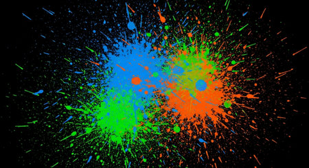 Vibrant paint splatter explosion against a stark black background