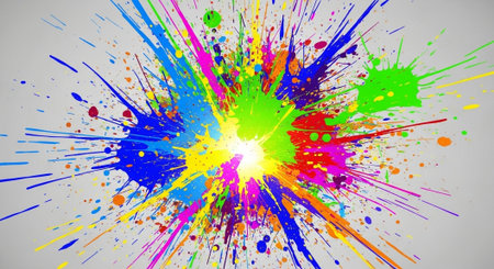 Dynamic explosion of vibrant paint splatters against grey backdrop