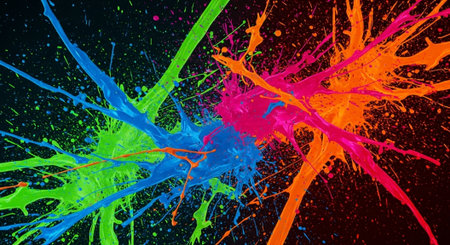 Colorful paint splatters on dark background creating a vibrant explosion