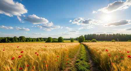Scenic wheat field with red poppies and blue sky