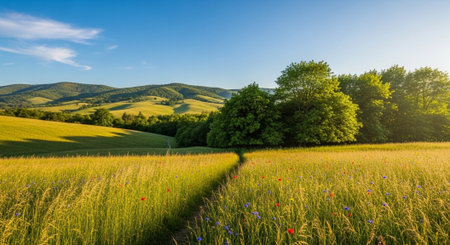 Golden Meadow Pathway leading to Rolling Hills at Sunset