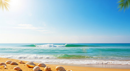 Tranquil seascape with seashells on golden sand beach