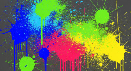 Vibrant splatters of colorful paint on a dark background