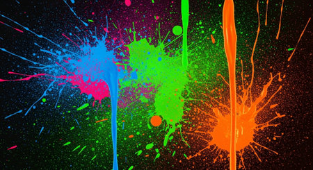 Bright neon paint splatters on a dark abstract background