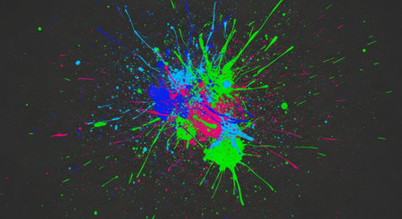 Bright paint splatter art on dark backgroundの写真素材