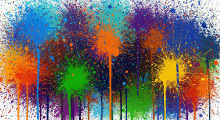 Vibrant paint splatters create abstract art on white background
