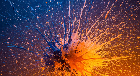 Dynamic explosion of vibrant blue and orange paint splattersの写真素材