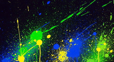 Vibrant neon splatter art on a dark background surface