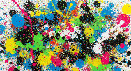 Bright splattered paint on white backdrop, abstract expressionism