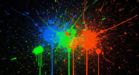 Vibrant paint splatters against a dark contrasting background
