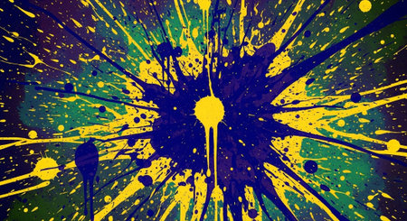 Energetic paint splash artwork featuring yellow and blue huesの写真素材