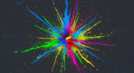 Vibrant multi colored paint explosion against a dark backdrop
