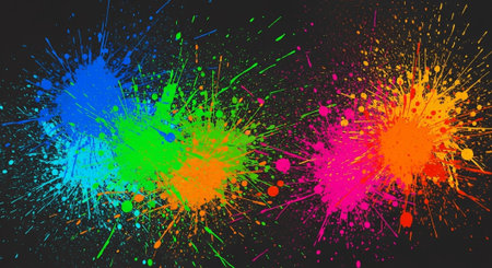 Colorful vibrant paint splashes over a dark background design