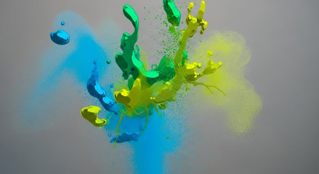 Abstract explosion of colorful liquid paints on grey backdrop
