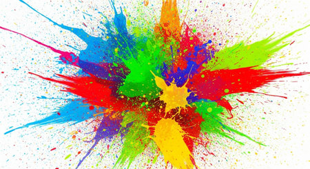 Abstract explosion of vibrant paint splatters on white background