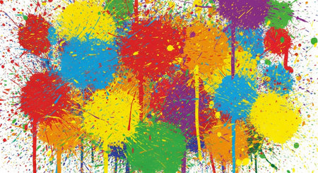 Vibrant splash painting with energetic rainbow hues and white background