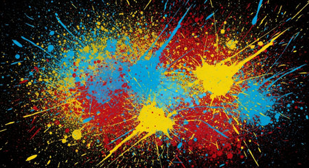 Dynamic paint splashes of various colors against a black background