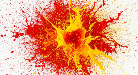 Exploding red and yellow paint splash on white background